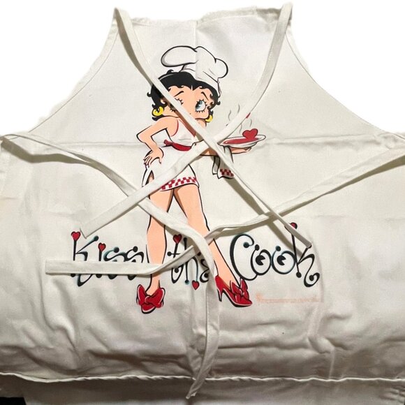 Betty Boop Kiss the Cook Apron Chef White Cotton VTG Kitchen Cartoon Grill BBQ - Picture 8 of 9